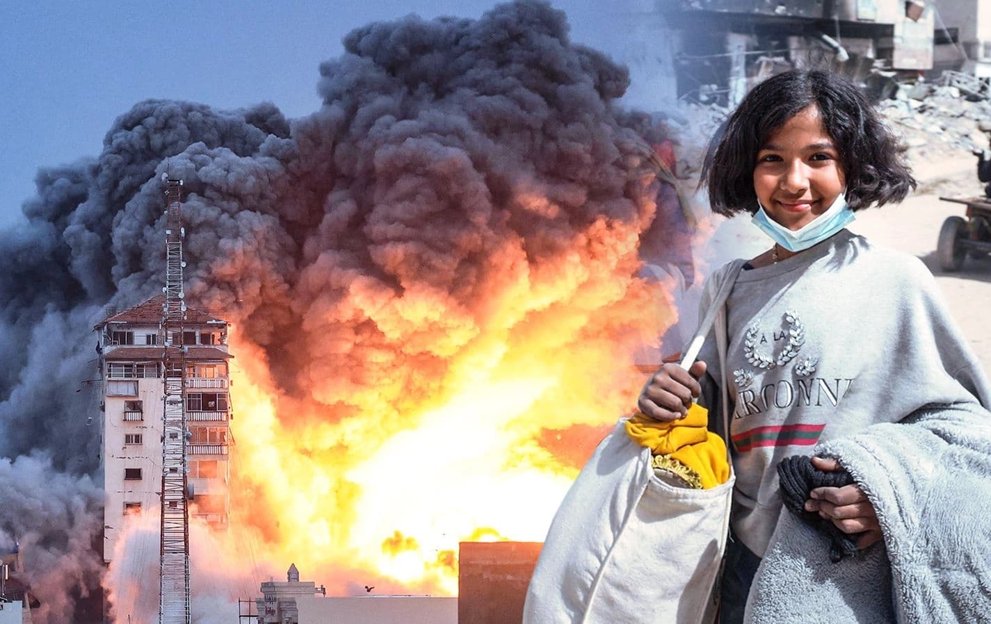 صورة لنازحة وقصف إسرائيلي