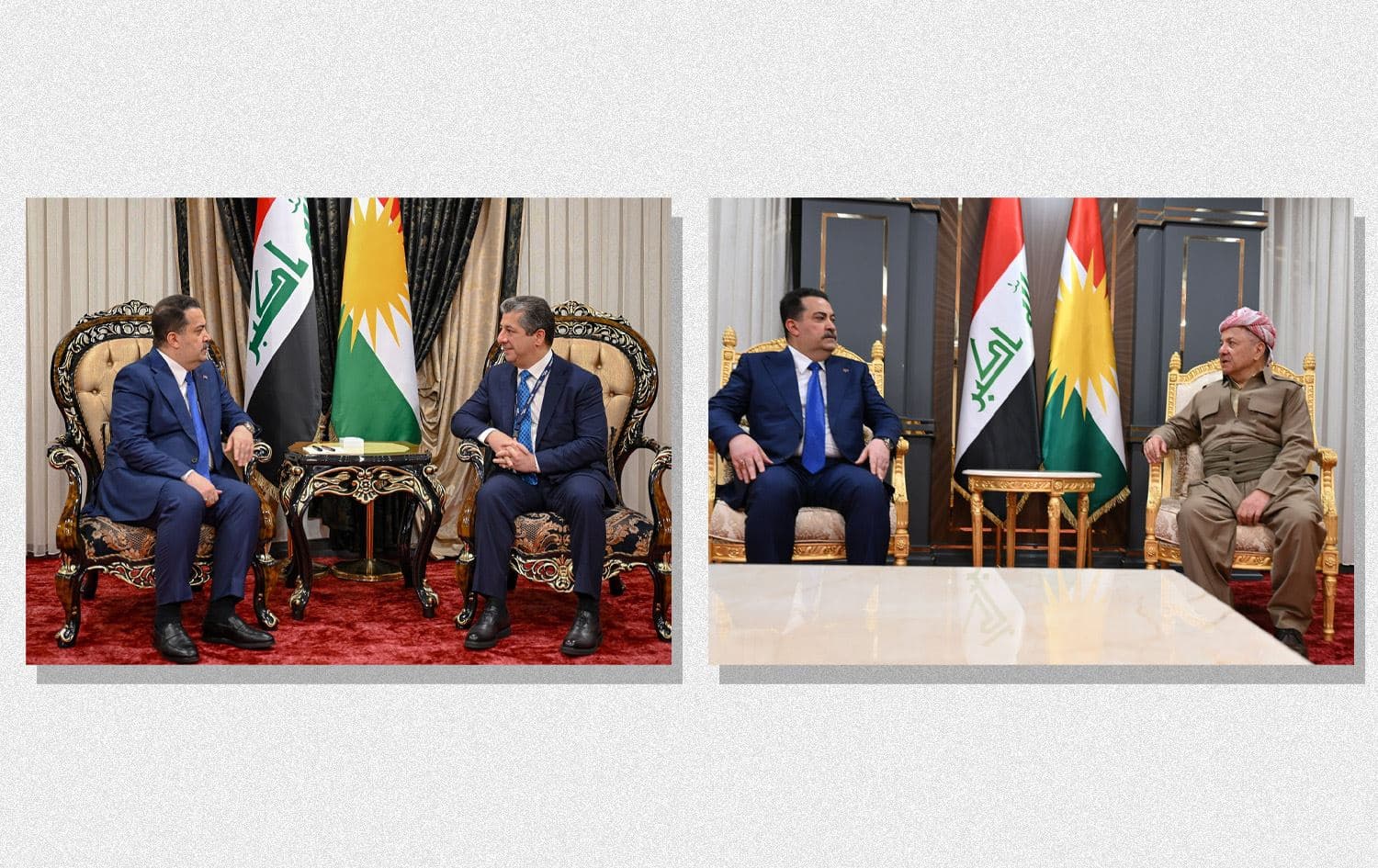الرئيس مسعود بارزاني ورئيس حكومة اقليم كوردستان مسرور بارزاني خلال استقبالهما رئيس الوزراء العراقي محمد شياع السوداني