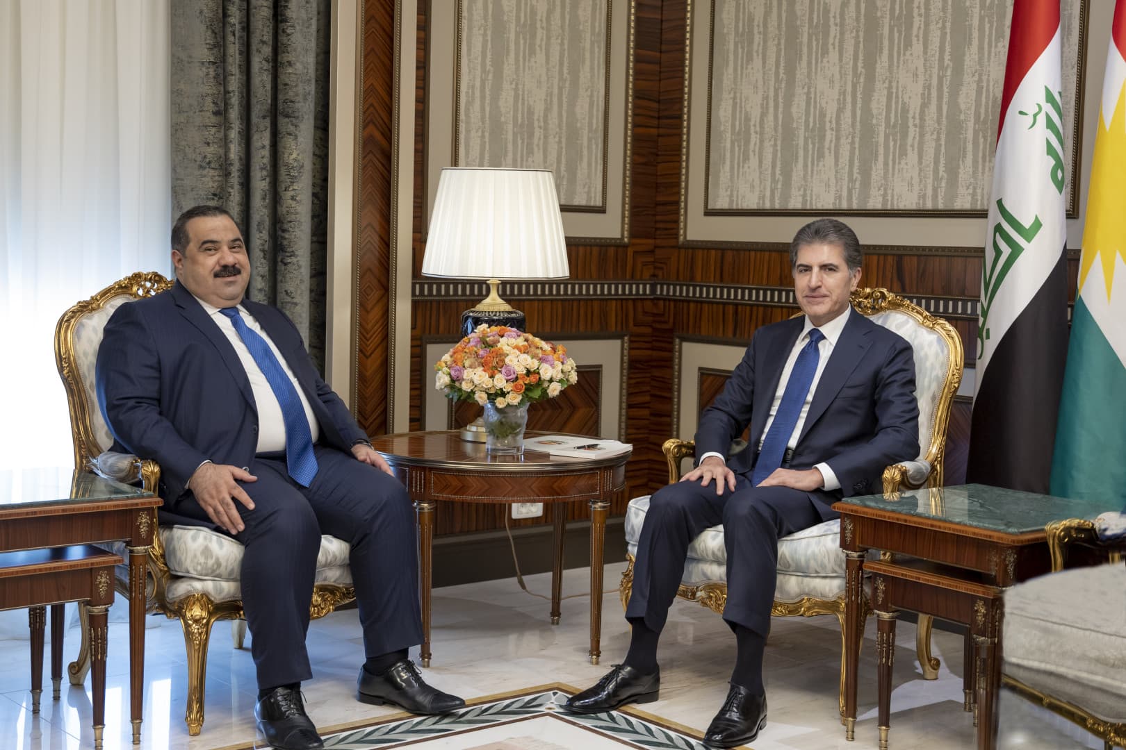 Kurdistan Region President Nechirvan Barzani (right) in a meeting with the leader of Azm Alliance Muthanna al-Samarrai (left) in Erbil on June 1, 2026. Photo: Kurdistan Region Presidency