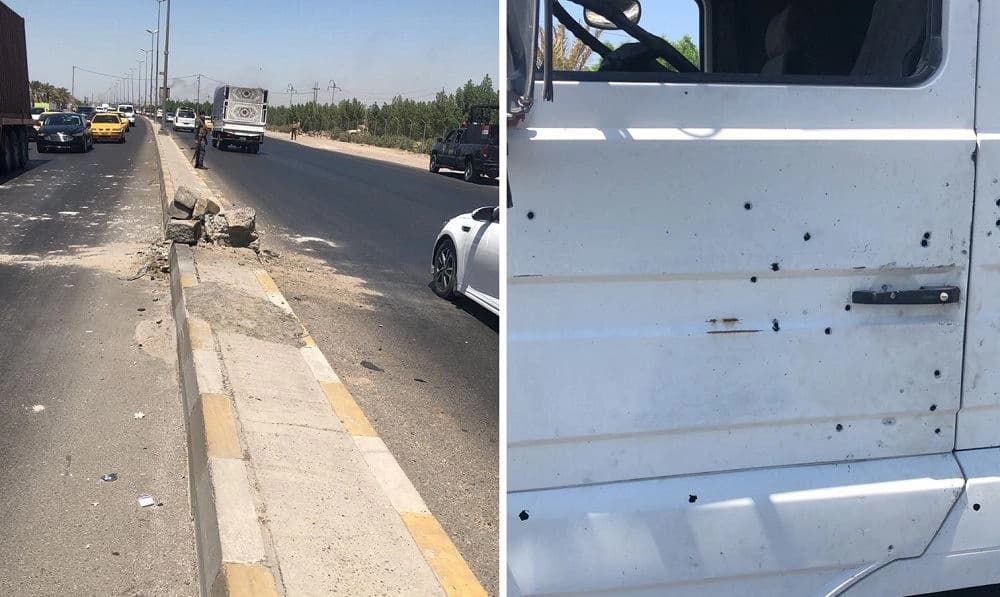 عجلة تابعة لشركة متعاقدة مع التحالف بعد تعرضها لهجوم في منطقة عويريج ببغداد بتاريخ 21 آب الماضي