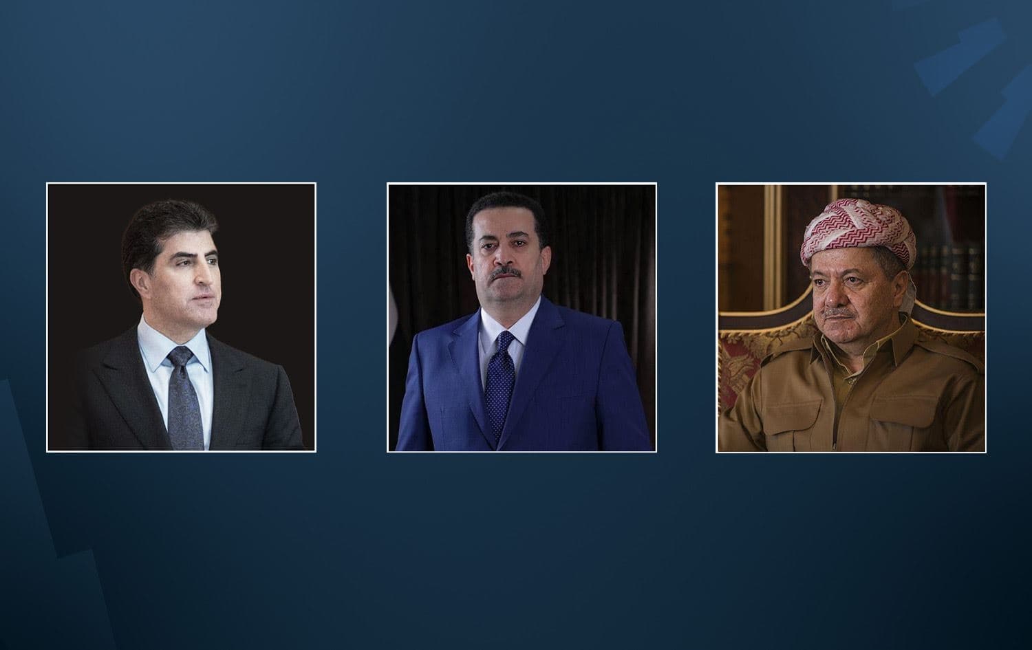 الرئيس بارزاني (يمين)، محمد شياع السوداني (وسط)، نيجيرفان بارزاني (يسار)