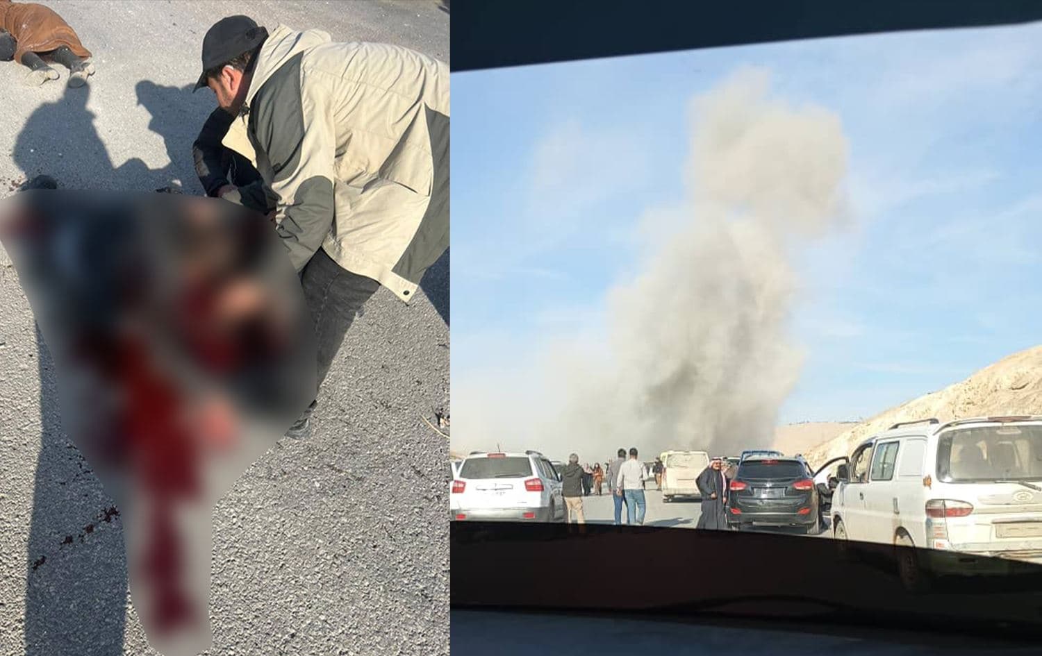 صورة لتصاعد عمود للدخان وأحد المصابين في موقع القصف