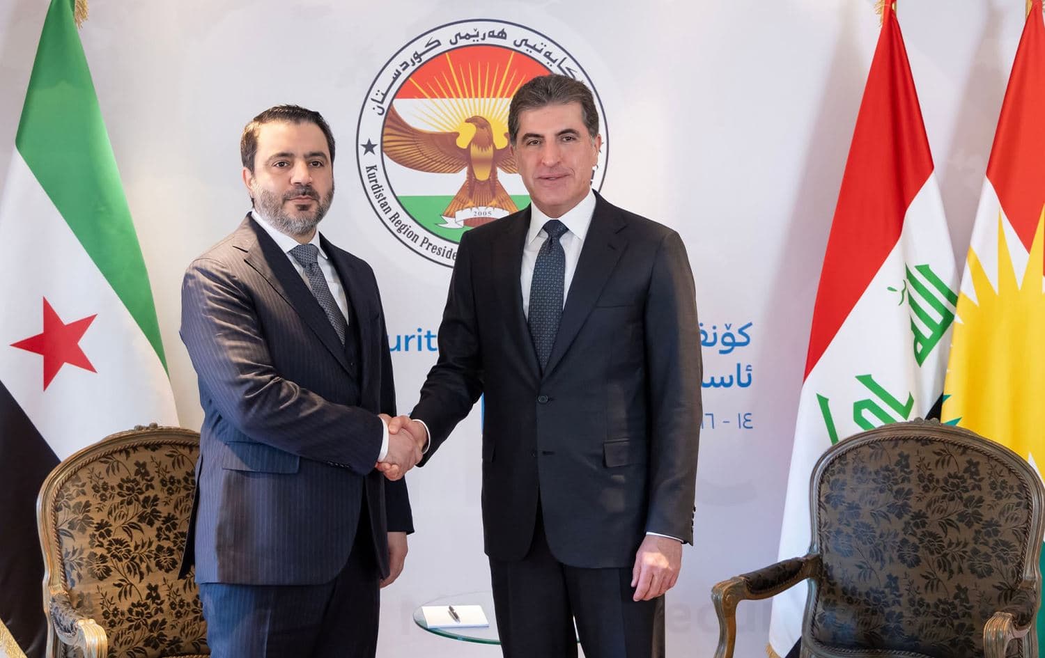 نيجيرفان بارزاني رئيس إقليم كوردستان وأسعد الشيباني وزير خارجية سوريا