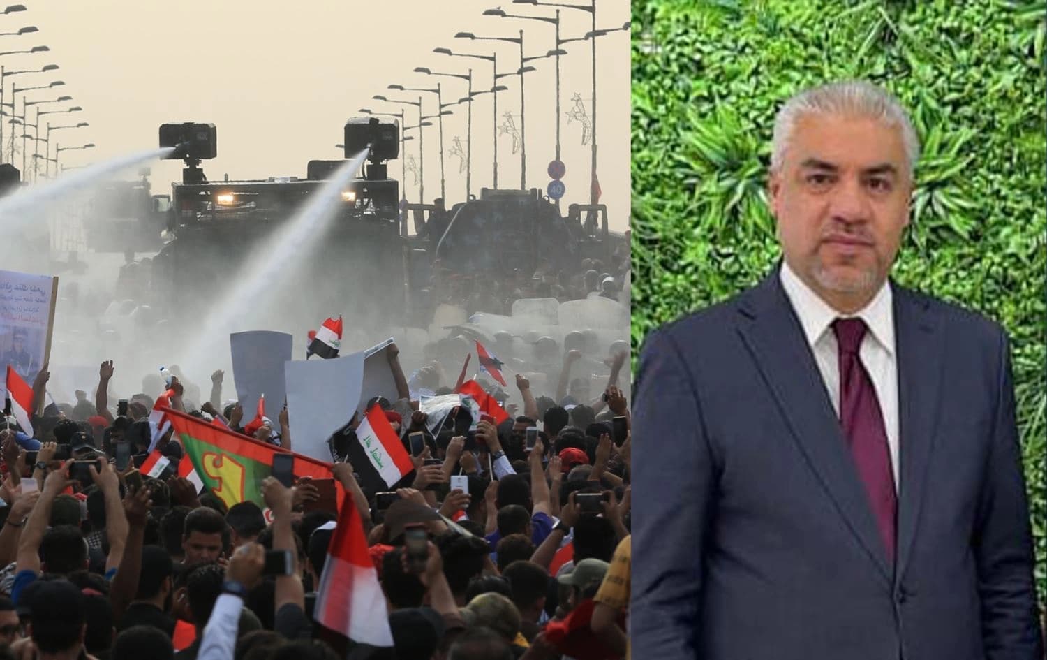 صورة للبروفيسور أنس أكرم العزاوي وتظاهرة في بغداد